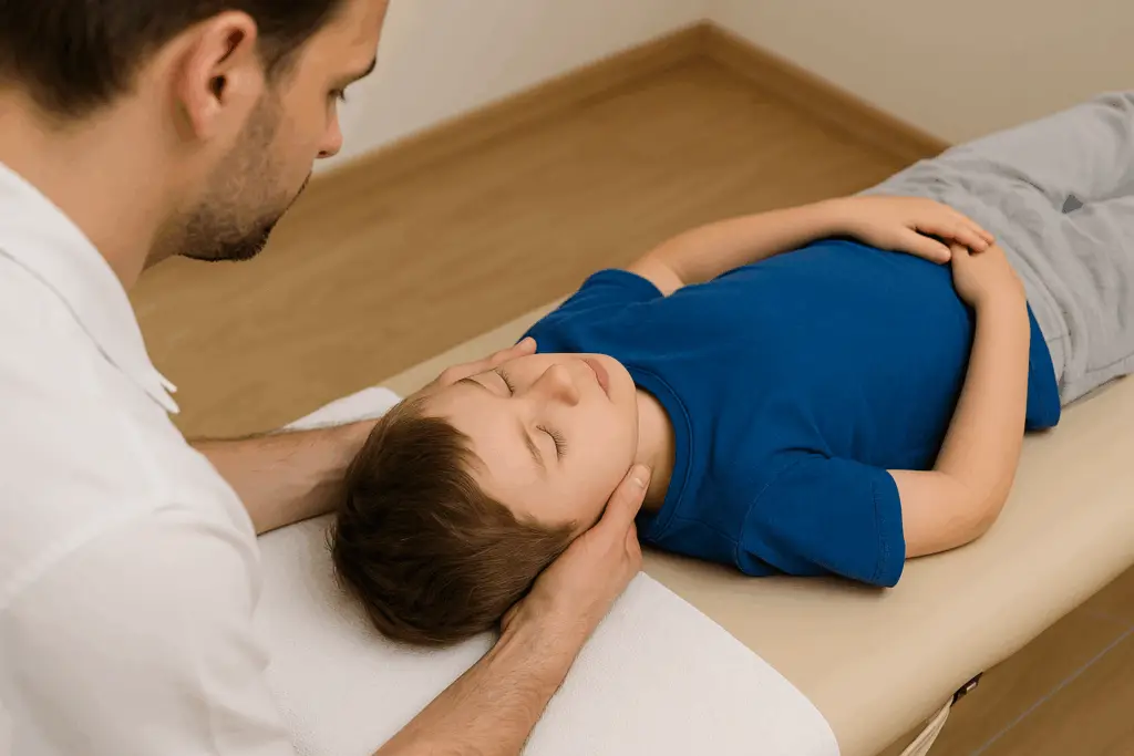 Bambino autistico durante una sessione di osteopatia, con tecniche manuali per migliorare il benessere fisico.